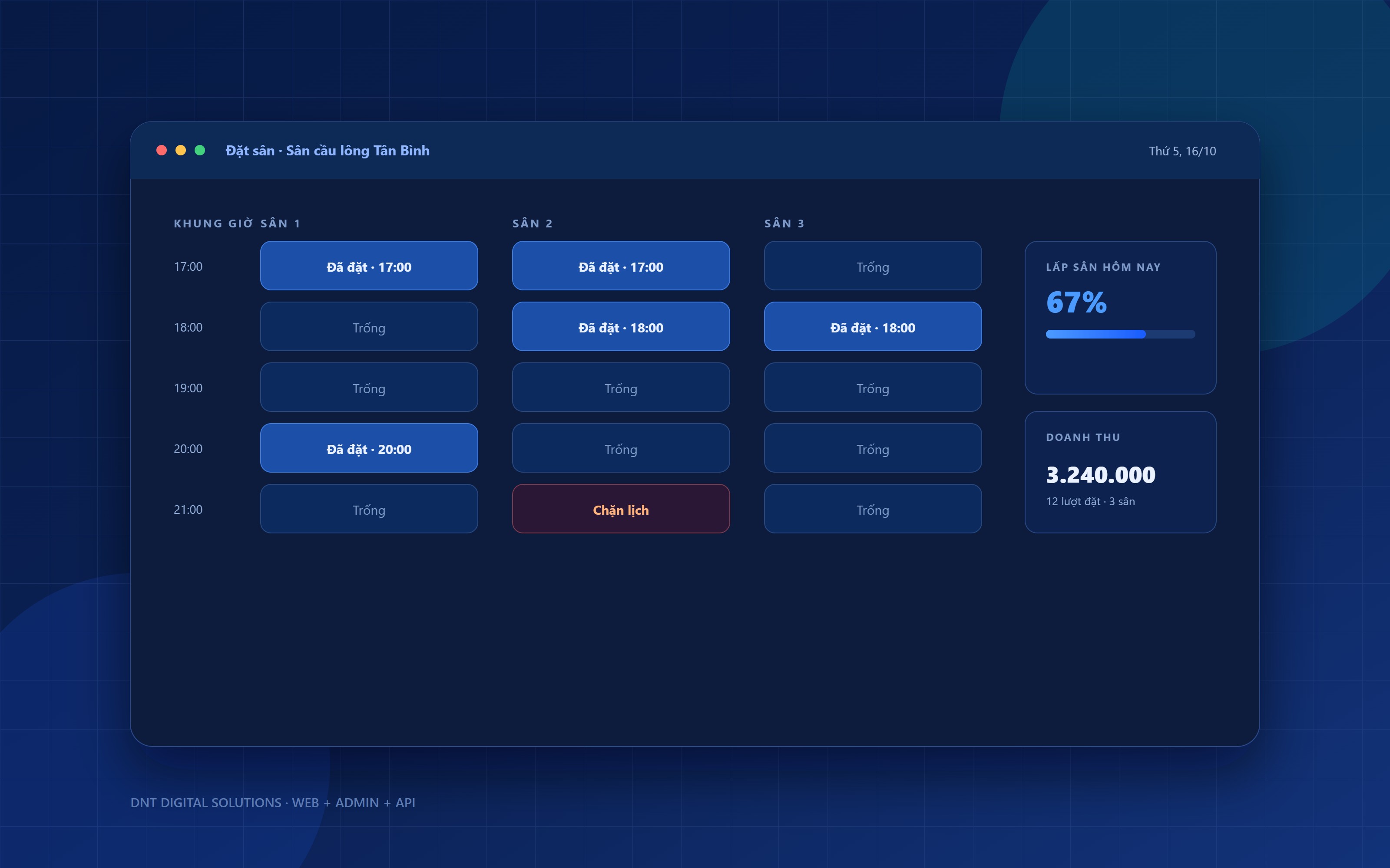 Hệ thống đặt sân thể thao — giao diện hệ thống do DNT Digital xây dựng